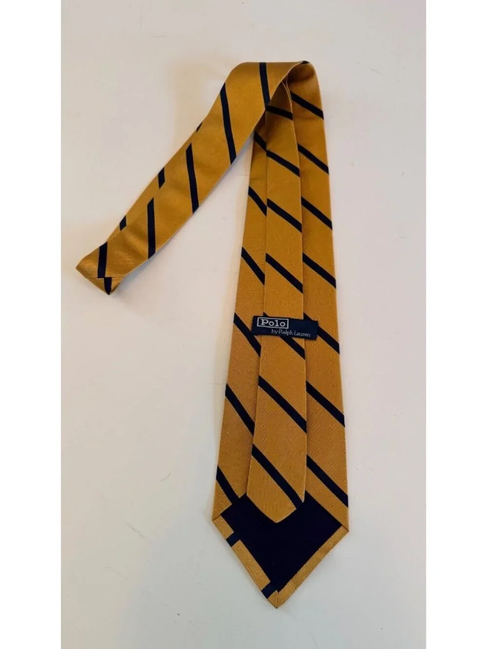 Polo By Ralph Lauren Gold & Navy Blue Striped 100% Silk Handmade Tie Made In USA